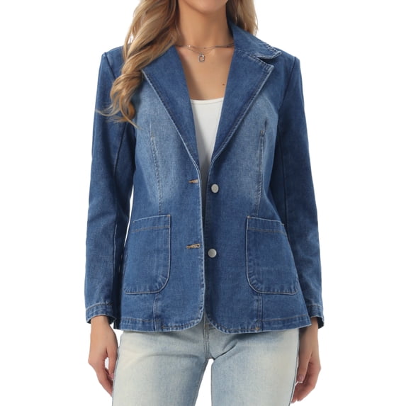 DARING DIVA Women's Notched Lapel Long Sleeve Button Up Denim Blazer M Blue