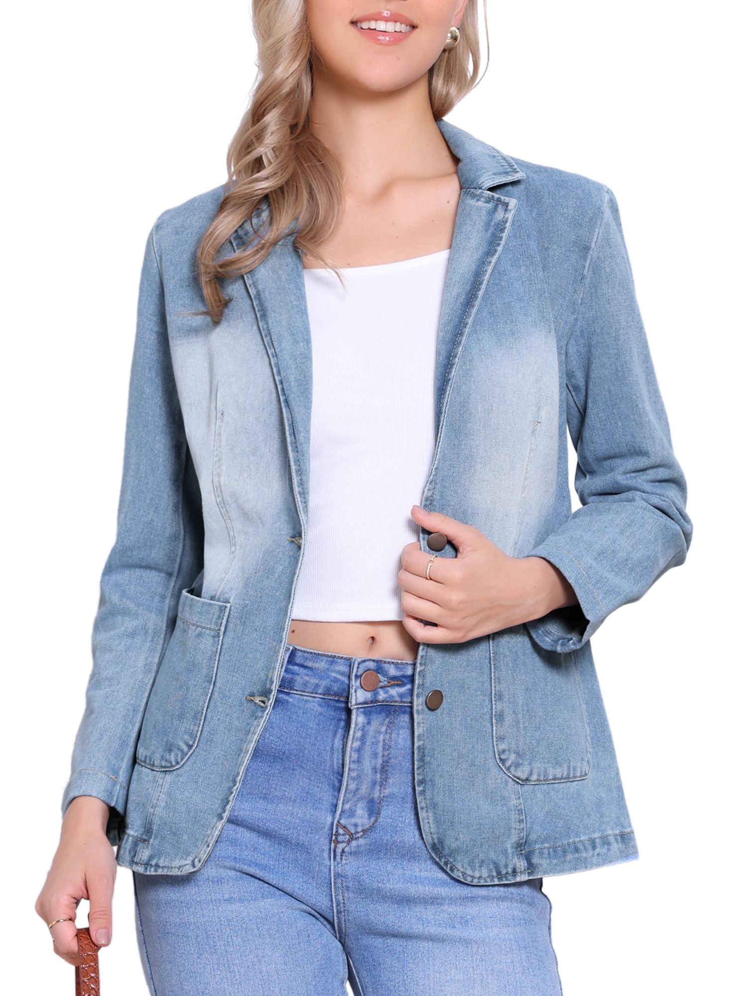 DARING DIVA Women's Notched Lapel Long Sleeve Button Up Denim Blazer S Light Blue