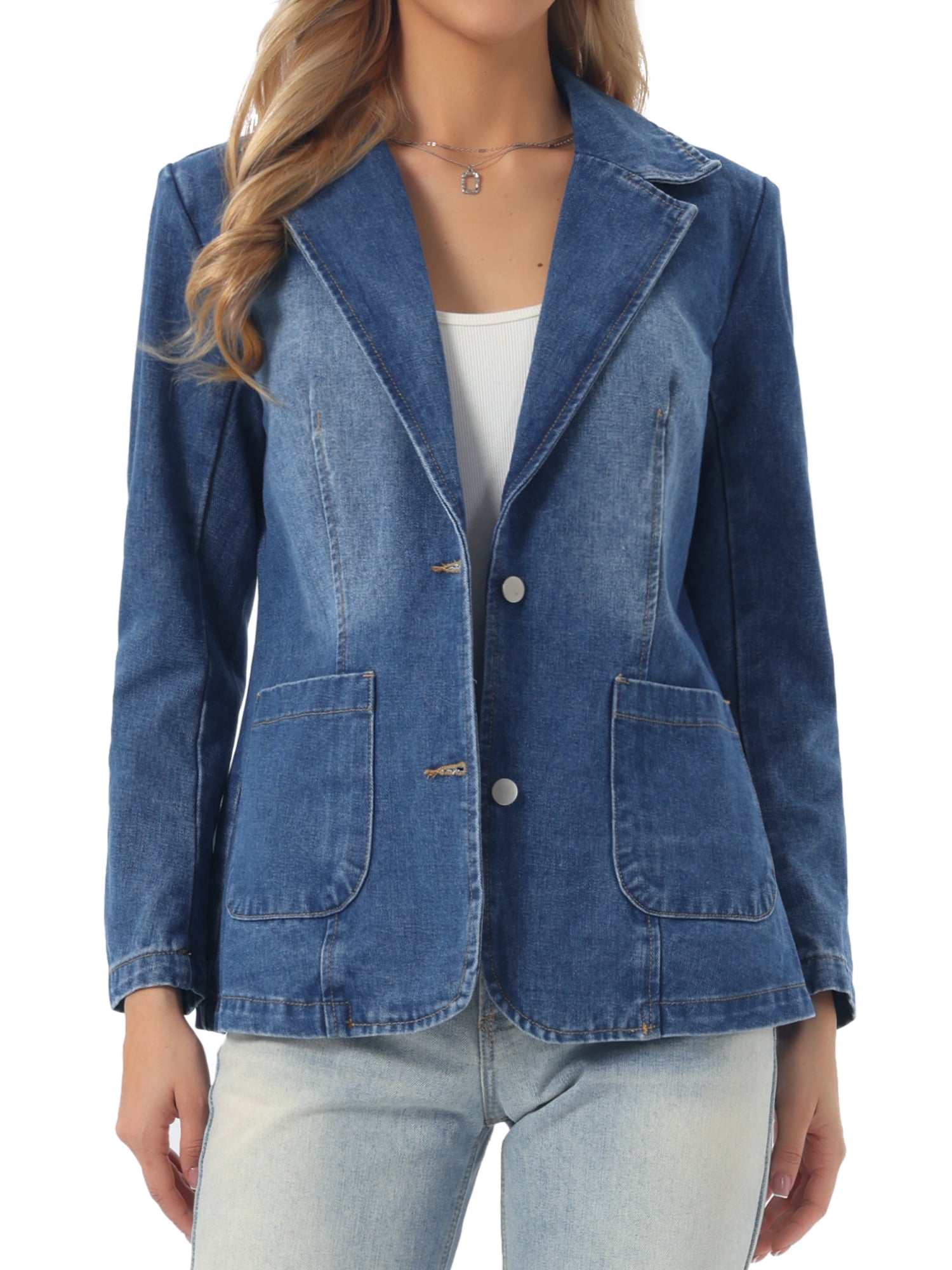 DARING DIVA Women's Notched Lapel Long Sleeve Button Up Denim Blazer XL Blue