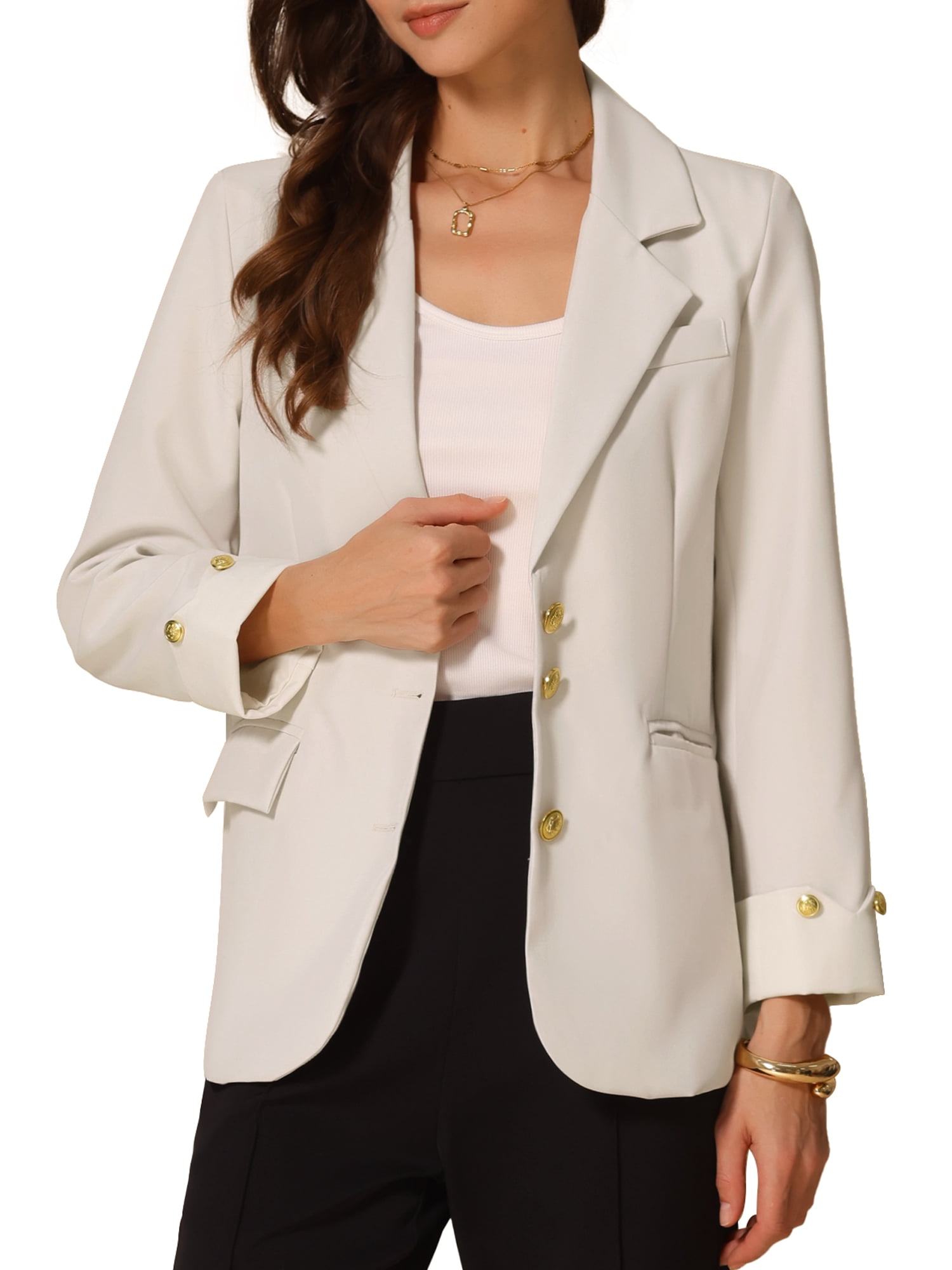 DARING DIVA Women's Notched Lapel Long Sleeve Jacket Suit Blazer M Cream White
