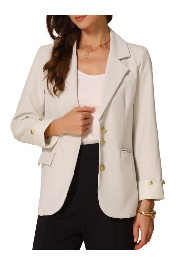 Women's Notched Lapel Long Sleeve Jacket Suit Blazer M Cream White