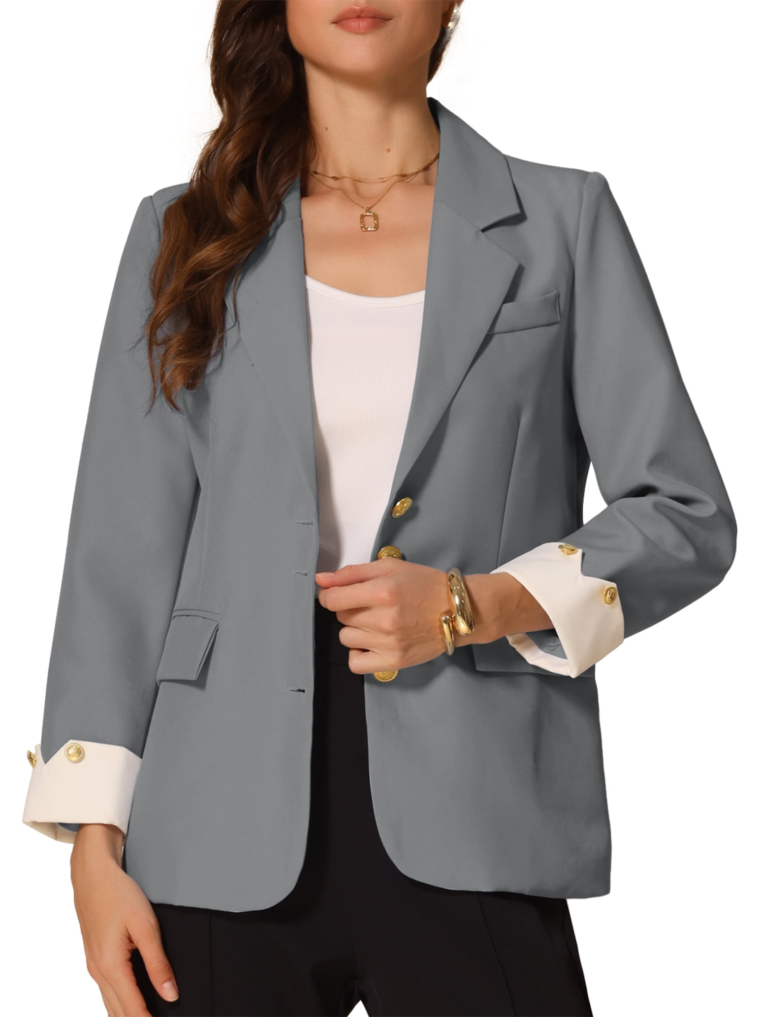 DARING DIVA Women's Notched Lapel Long Sleeve Jacket Suit Blazer S Grey