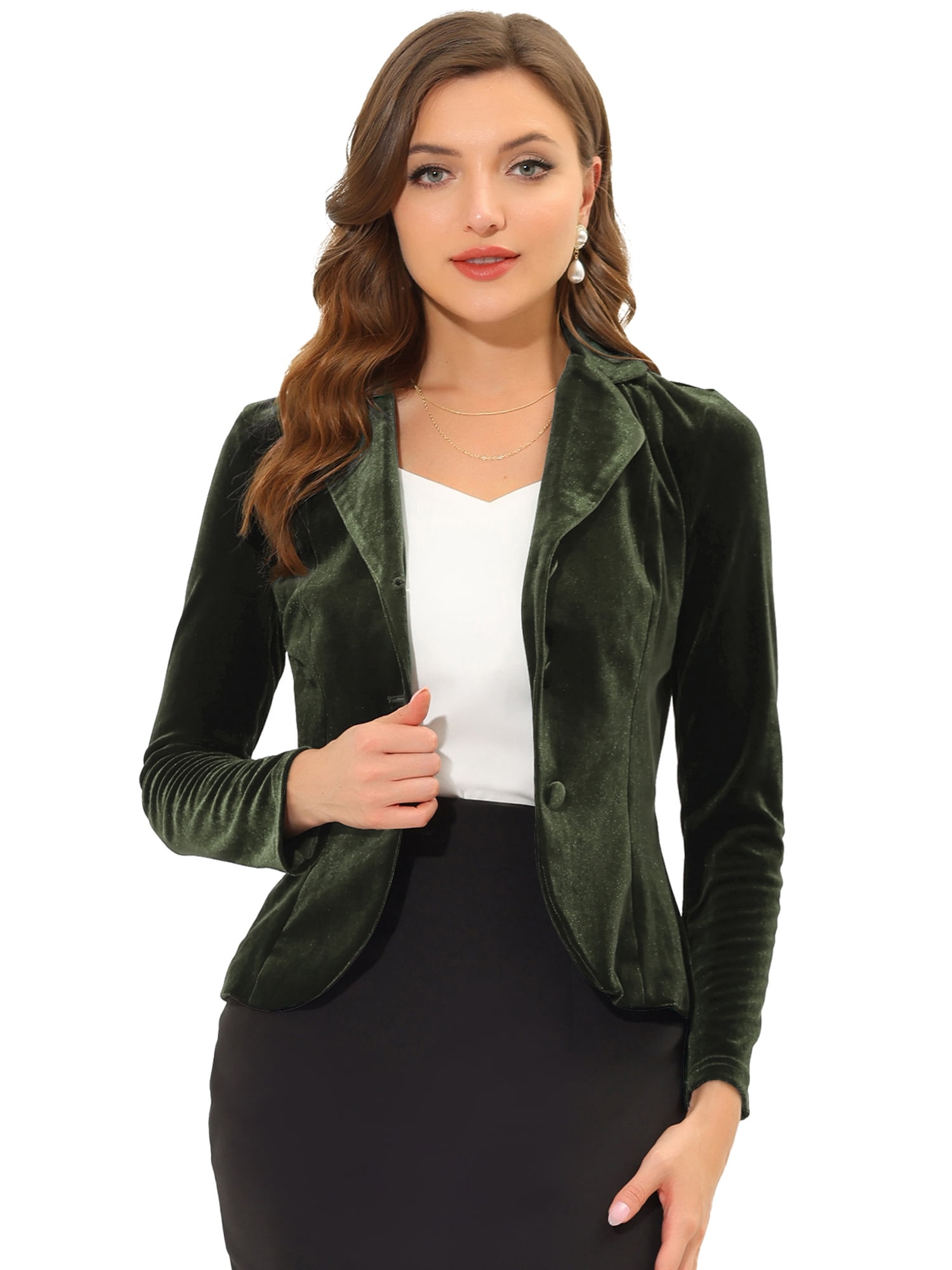 DARING DIVA Women's Notched Lapel Long Sleeve Office Velvet Blazer M Army Green