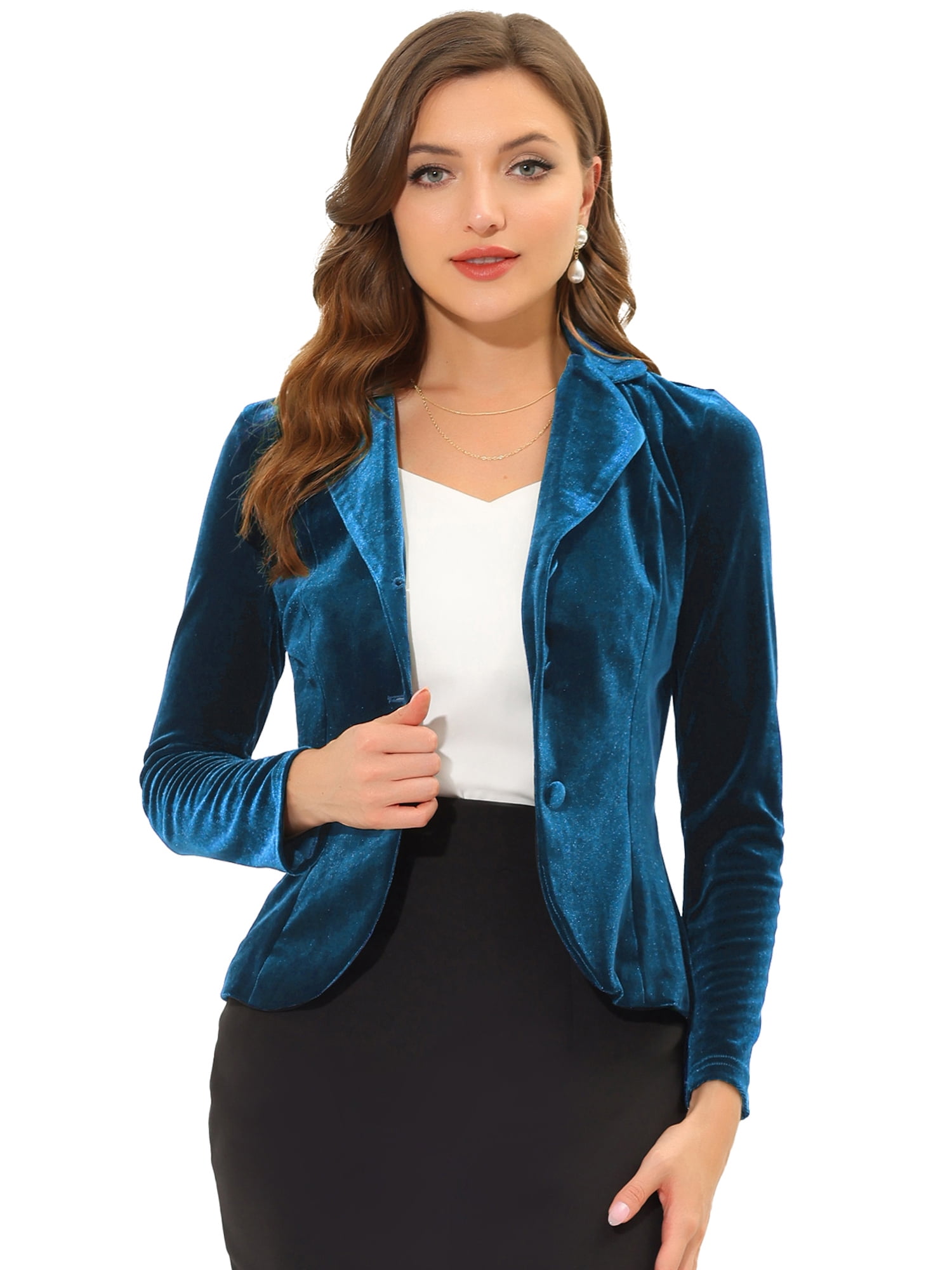 DARING DIVA Women's Notched Lapel Long Sleeve Office Velvet Blazer M Lake Blue