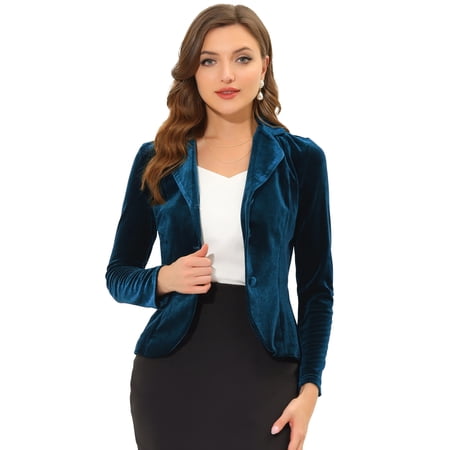 DARING DIVA Women's Notched Lapel Long Sleeve Office Velvet Blazer M Peacock Blue