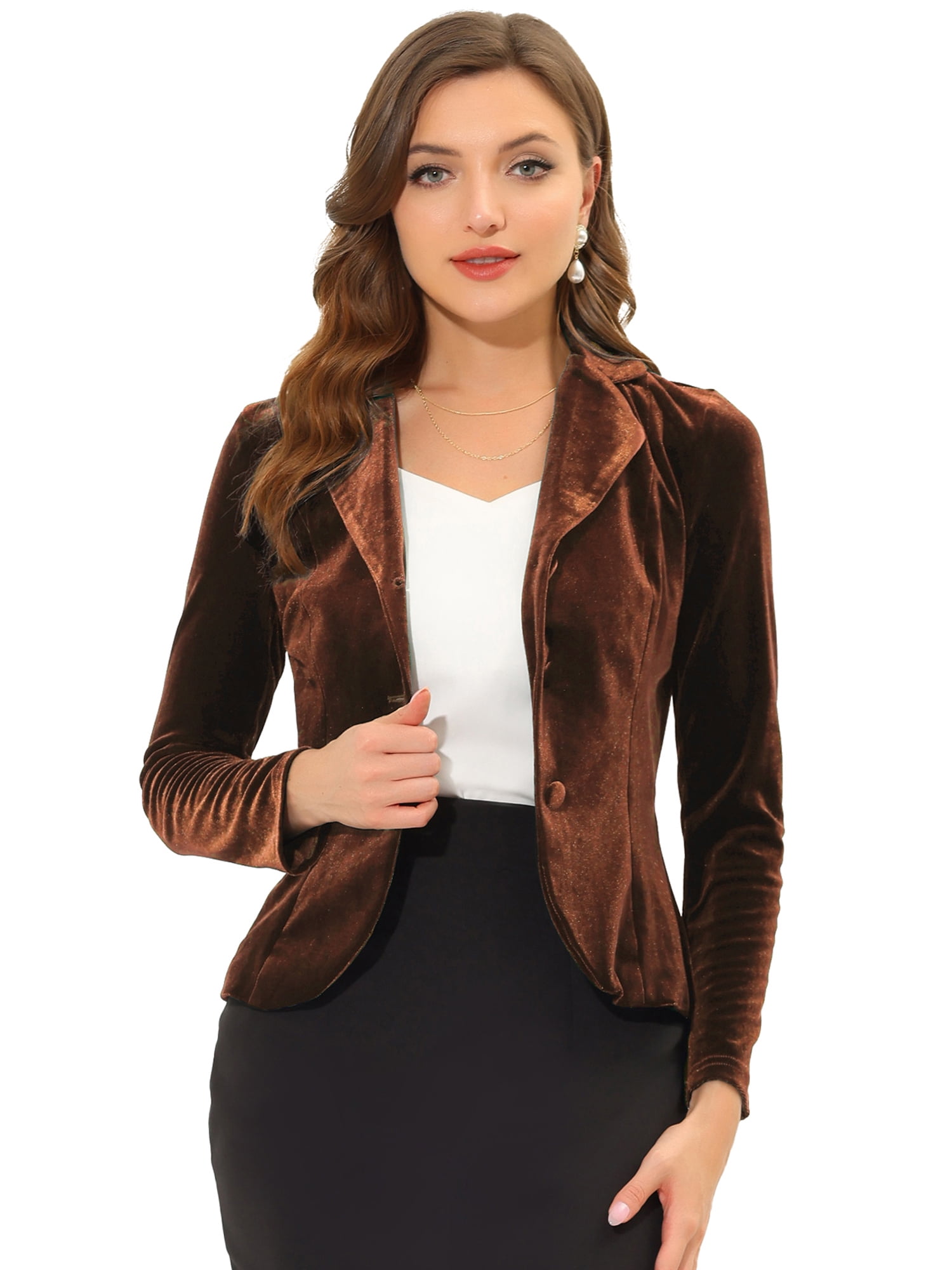 DARING DIVA Women's Notched Lapel Long Sleeve Office Velvet Blazer XL Brown