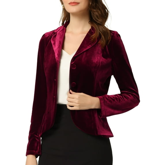 DARING DIVA Women's Notched Lapel Long Sleeve Office Velvet Blazer XL Burgundy