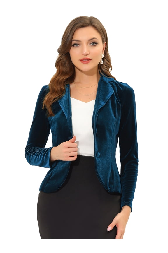 Women's Notched Lapel Long Sleeve Office Velvet Blazer XL Peacock Blue