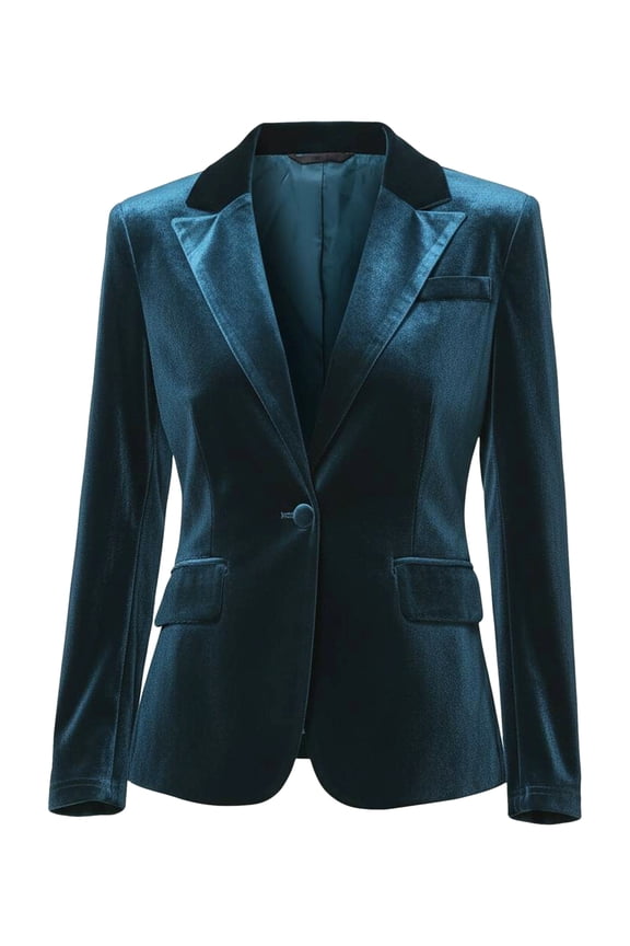 Women's Notched Lapel Long Sleeve One Button Velvet Blazer M Blue
