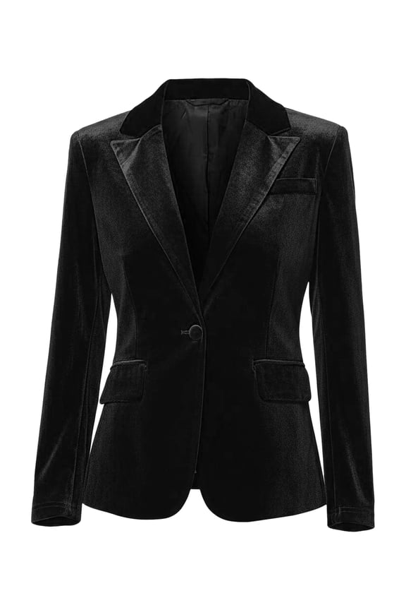 Women's Notched Lapel Long Sleeve One Button Velvet Blazer S Black