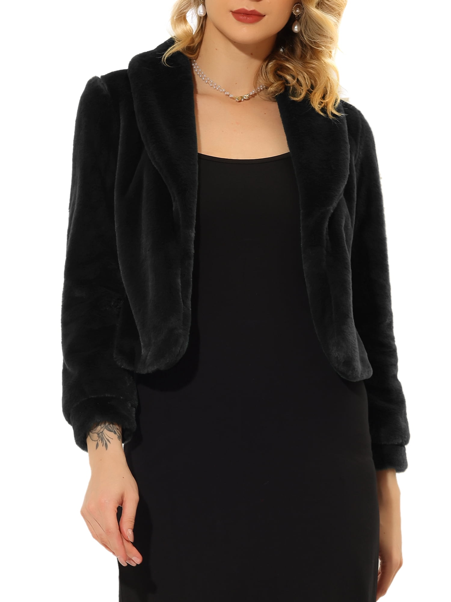 DARING DIVA Women's Notched Lapel Open Front Fleece Cropped Coat S Black