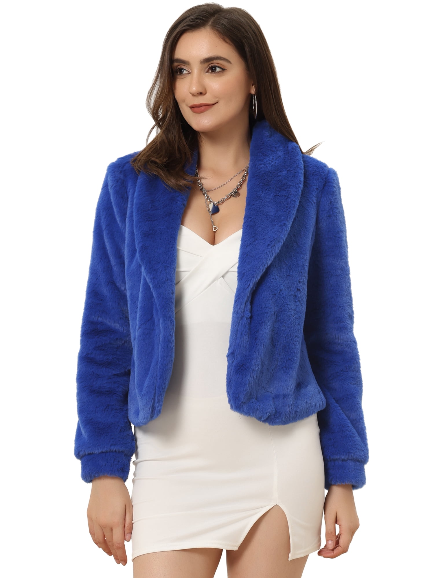 DARING DIVA Women's Notched Lapel Open Front Fleece Cropped Coat S Royal Blue
