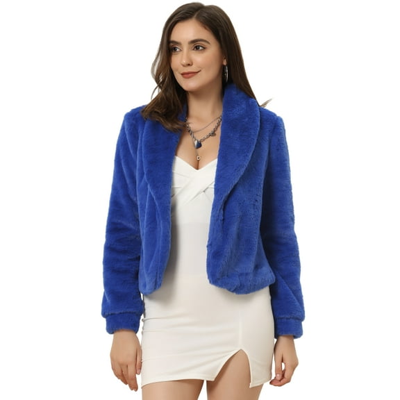 DARING DIVA Women's Notched Lapel Open Front Fleece Cropped Coat S Royal Blue