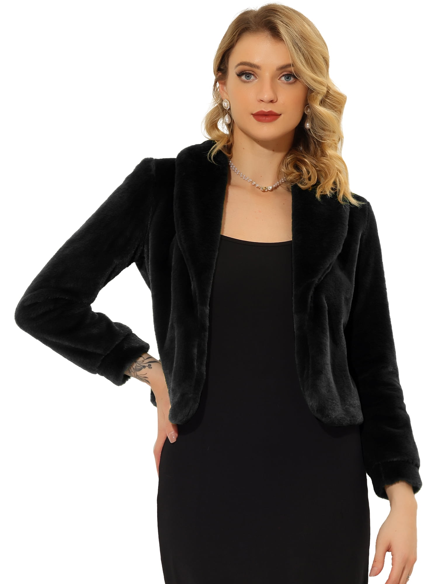DARING DIVA Women's Notched Lapel Open Front Fleece Cropped Coat XL Black