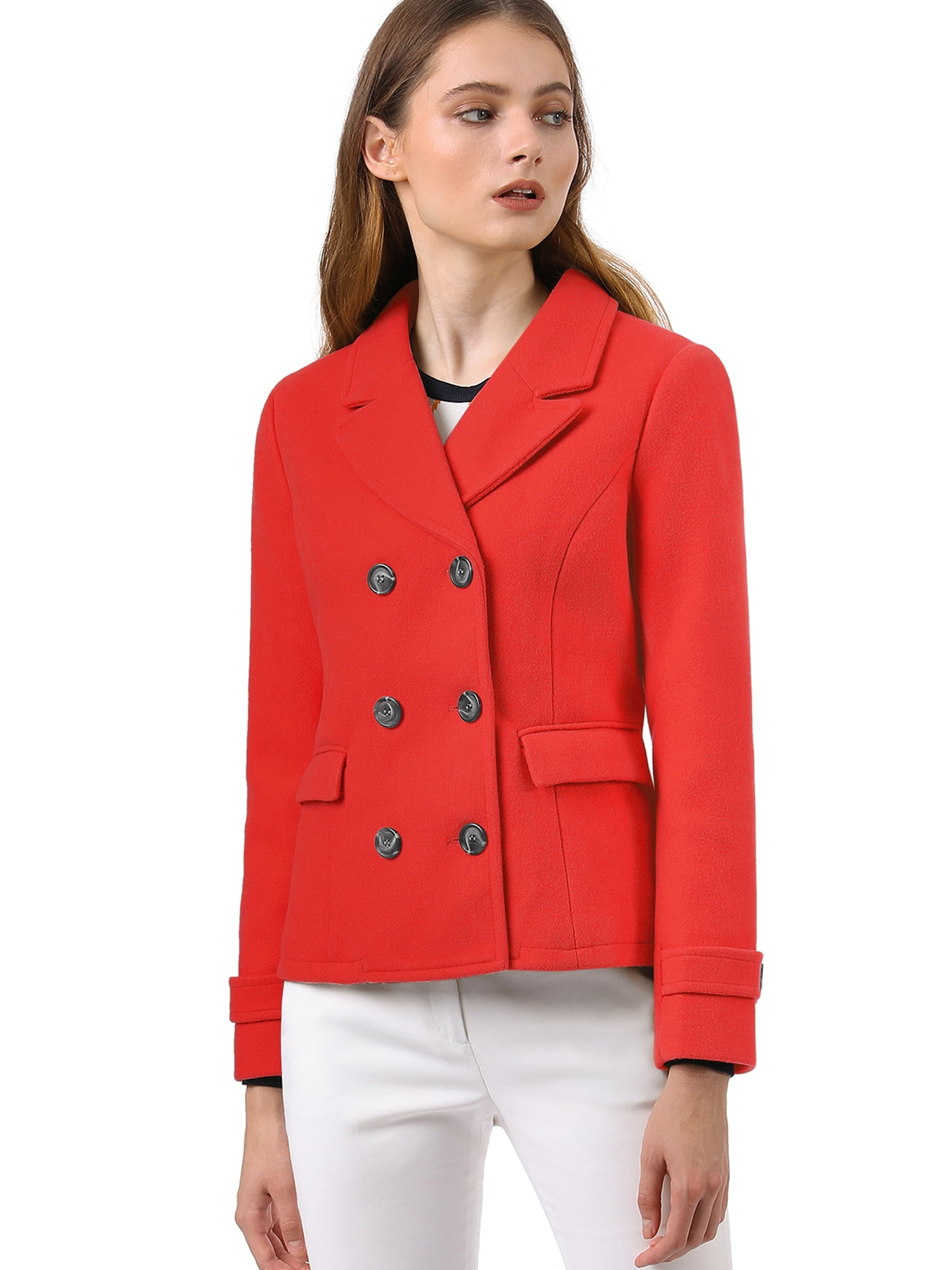 DARING DIVA Women's Notched Lapel Outerwear Double Breasted Coat Red XL