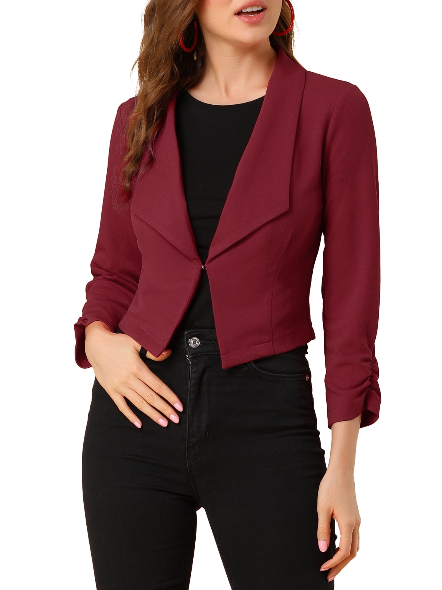 DARING DIVA Women's Notched Lapel Ruched Sleeve Crop Blazer L Burgundy