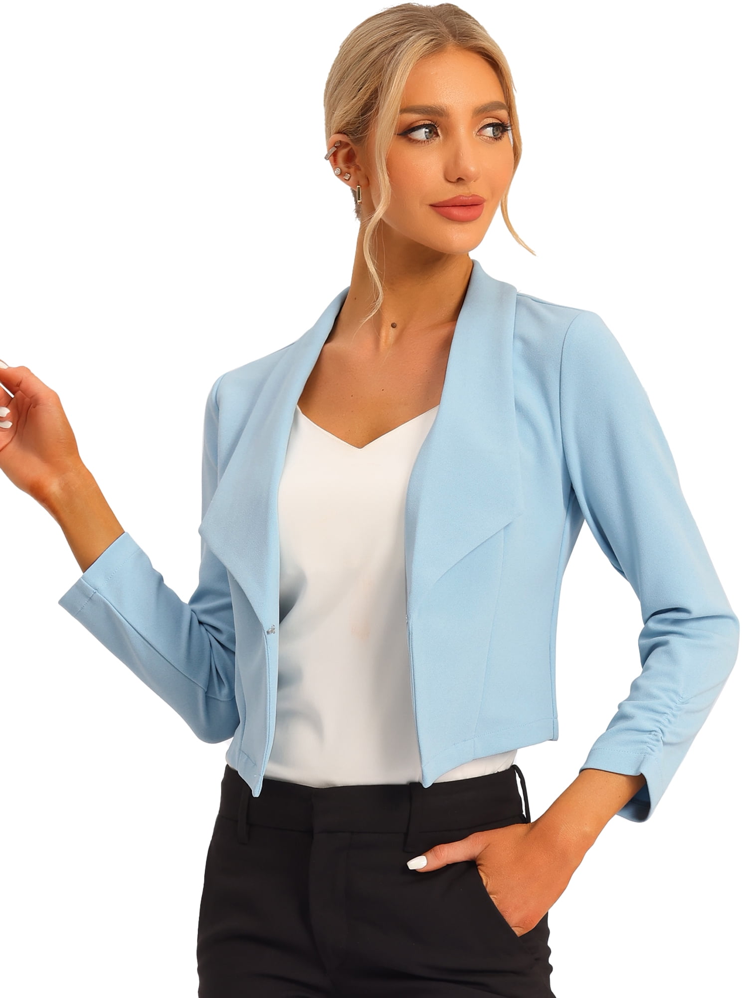 DARING DIVA Women's Notched Lapel Ruched Sleeve Crop Blazer L Light Blue