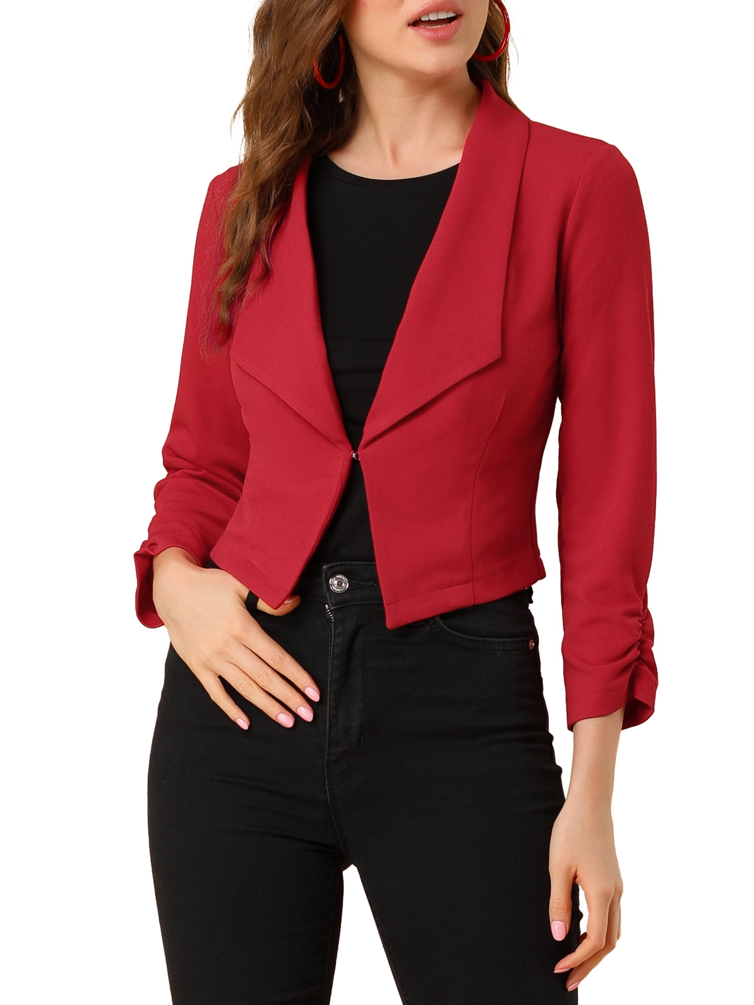 DARING DIVA Women's Notched Lapel Ruched Sleeve Crop Blazer L Red