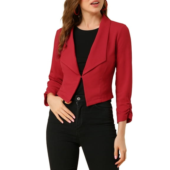 DARING DIVA Women's Notched Lapel Ruched Sleeve Crop Blazer L Red