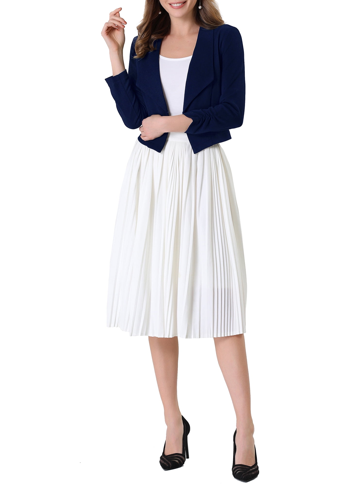 DARING DIVA Women's Notched Lapel Ruched Sleeve Crop Blazer M Dark Blue
