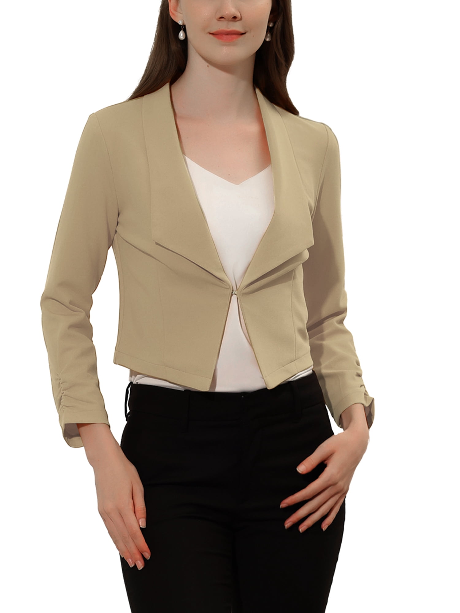 DARING DIVA Women's Notched Lapel Ruched Sleeve Crop Blazer M Khaki