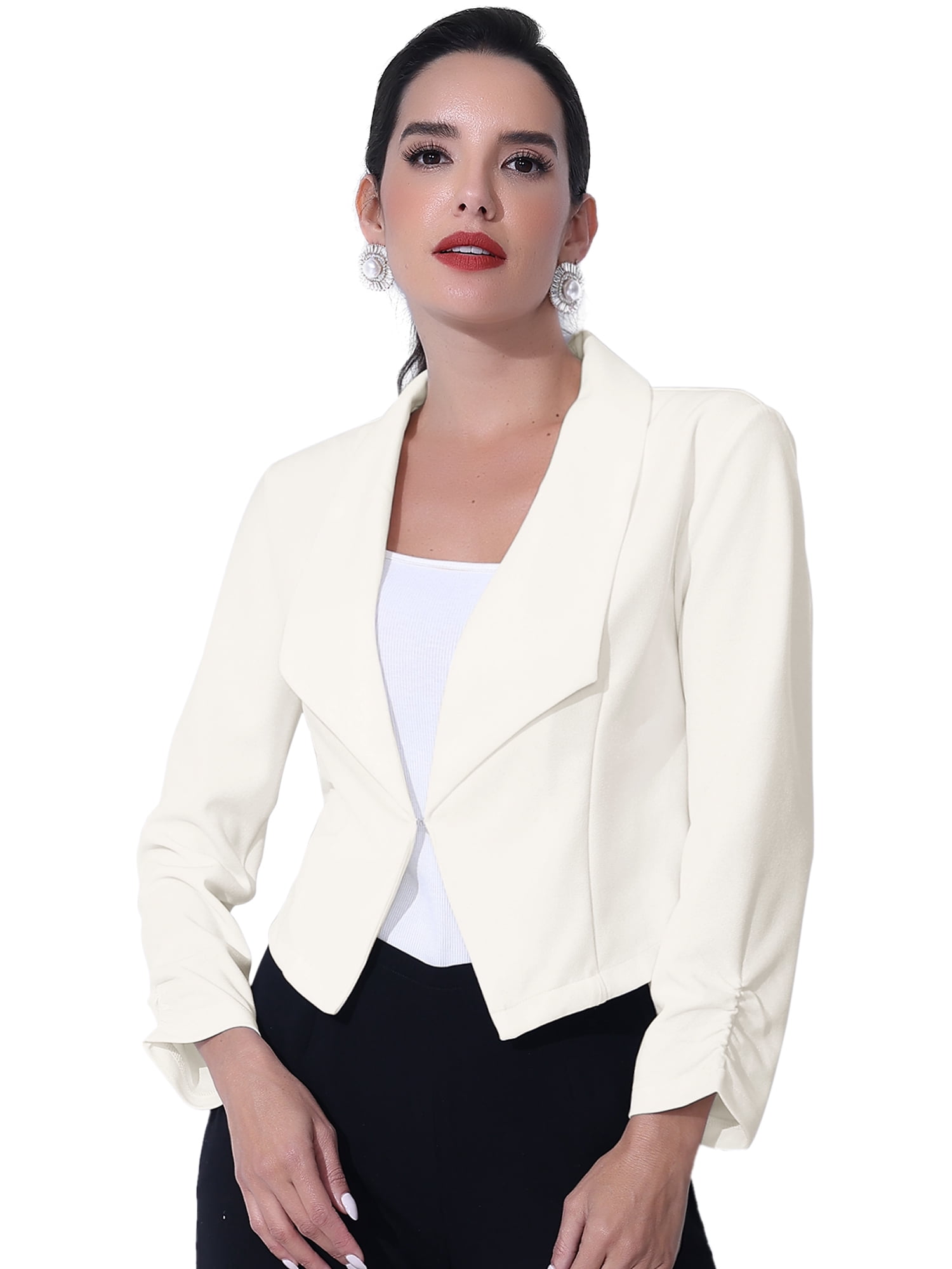 DARING DIVA Women's Notched Lapel Ruched Sleeve Crop Blazer M White