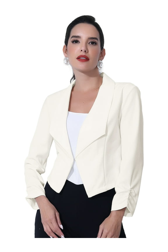 Women's Notched Lapel Ruched Sleeve Crop Blazer M White