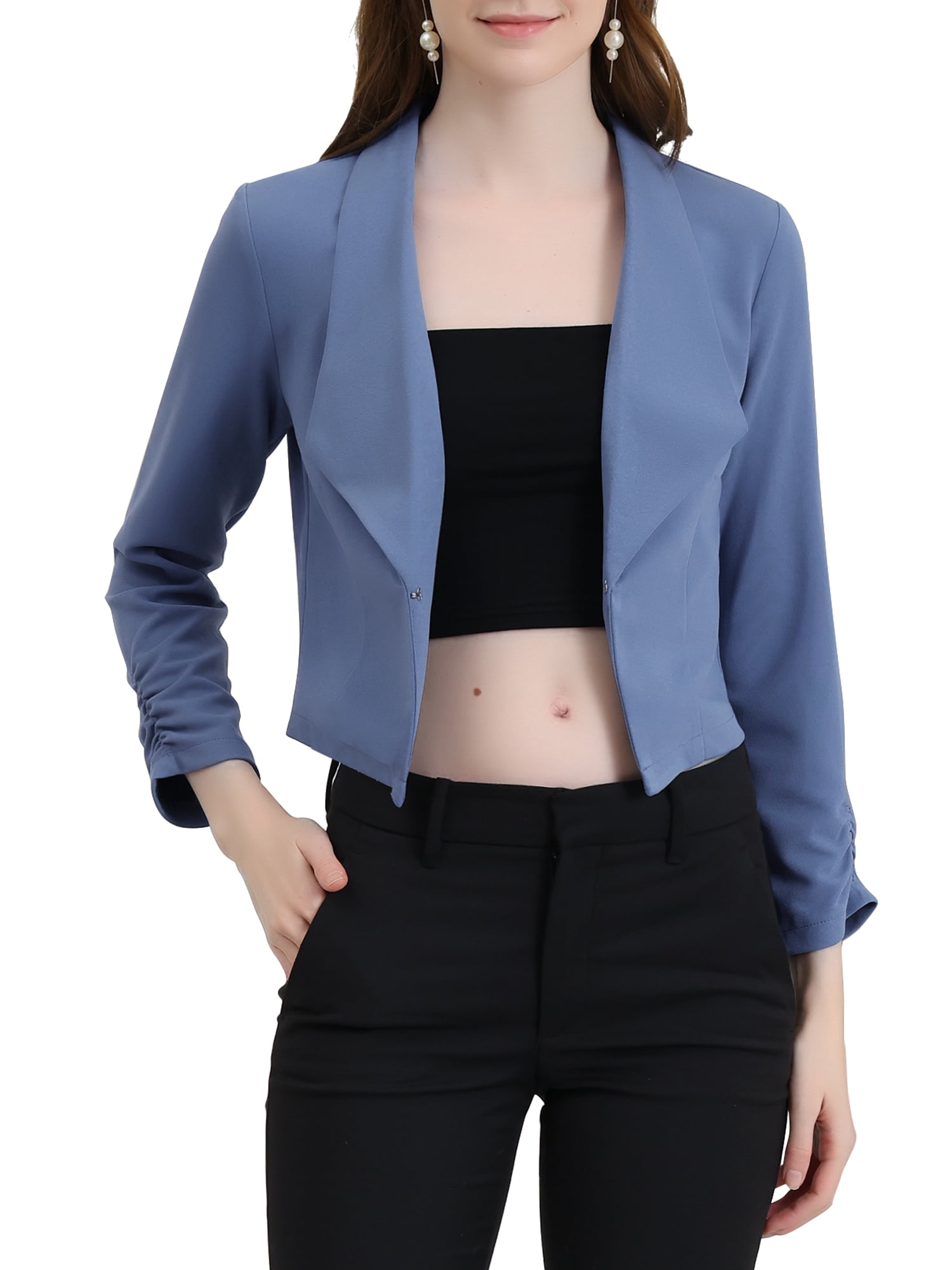 DARING DIVA Women's Notched Lapel Ruched Sleeve Crop Blazer S Blue Grey