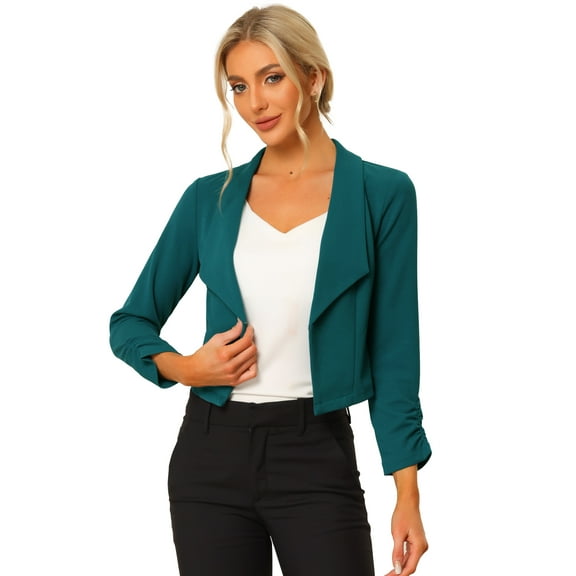 DARING DIVA Women's Notched Lapel Ruched Sleeve Crop Blazer S Peacock Blue