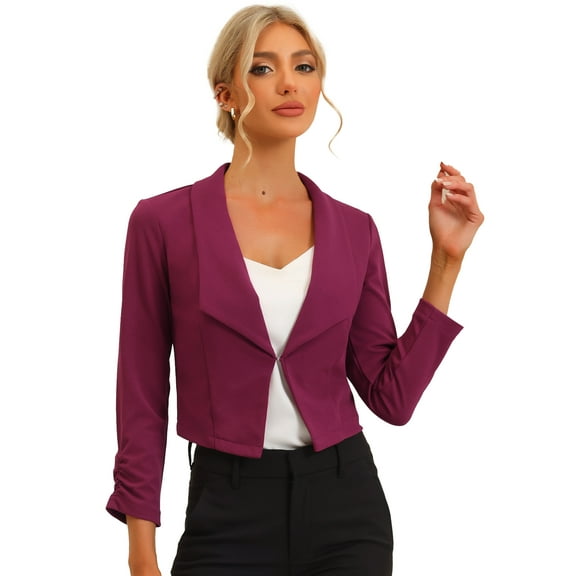 DARING DIVA Women's Notched Lapel Ruched Sleeve Crop Blazer S Purple Berry