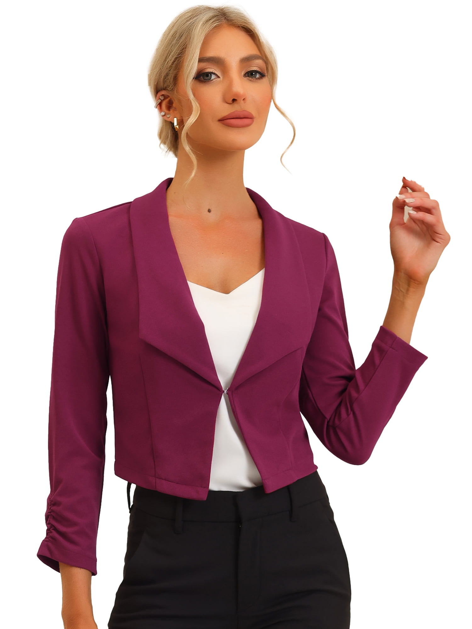 DARING DIVA Women's Notched Lapel Ruched Sleeve Crop Blazer XL Purple Berry