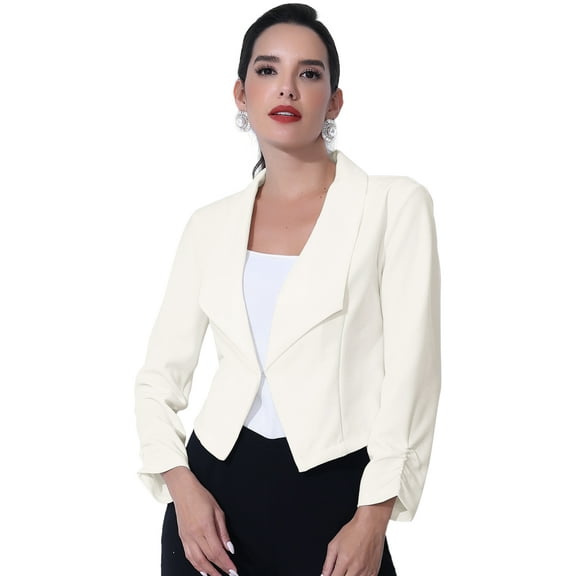 DARING DIVA Women's Notched Lapel Ruched Sleeve Crop Blazer XL White