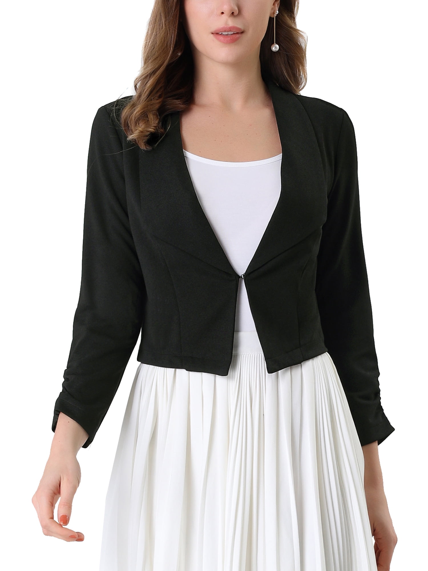 DARING DIVA Women's Notched Lapel Ruched Sleeve Crop Blazer XS Black