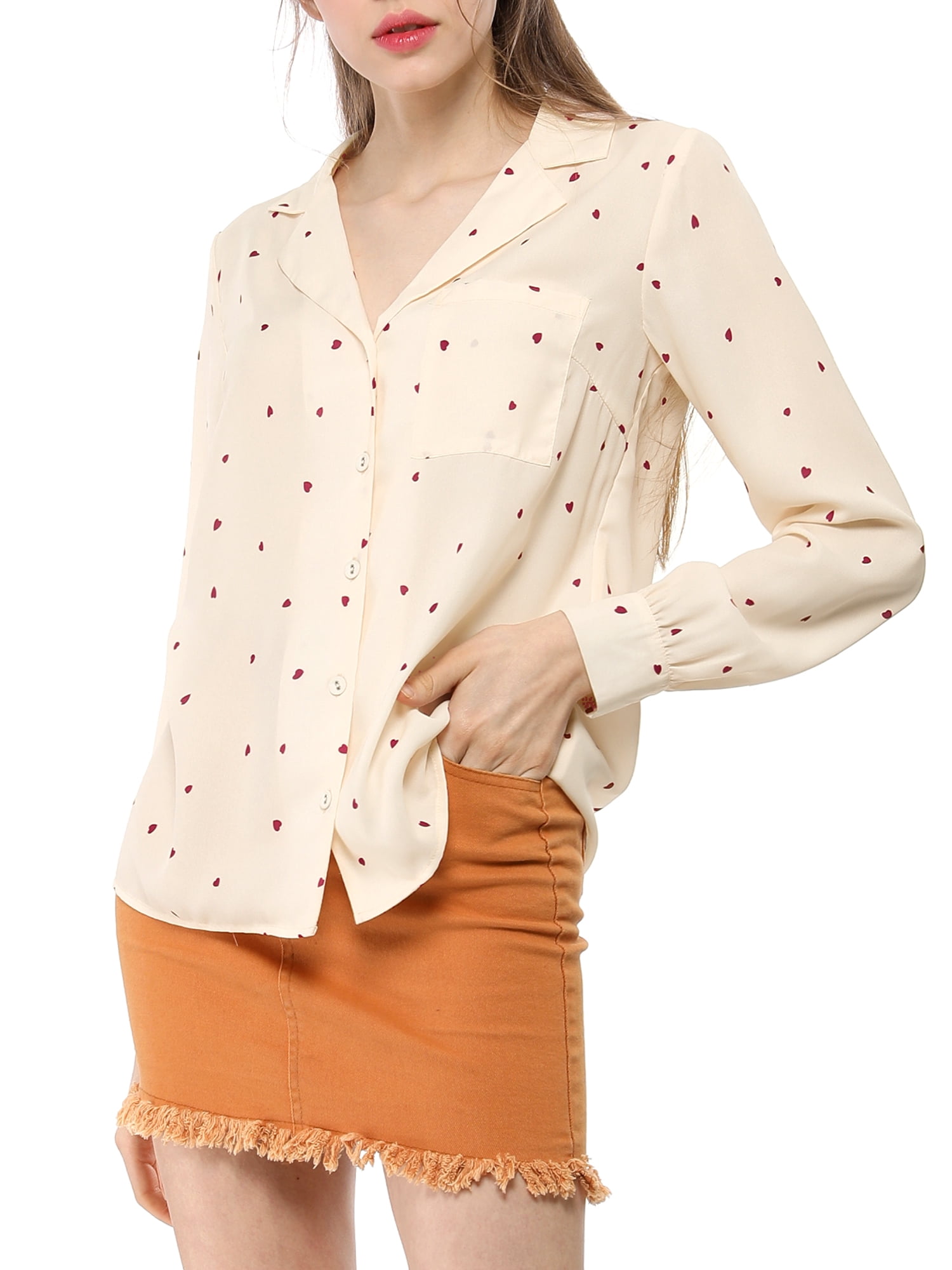 DARING DIVA Women's Notched Lapel V Neck Heart Polka Dots Shirt M Beige