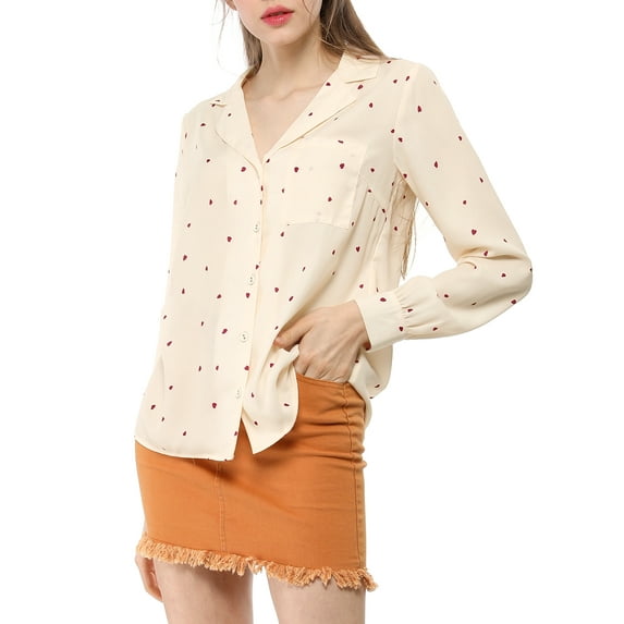 DARING DIVA Women's Notched Lapel V Neck Heart Polka Dots Shirt S Beige