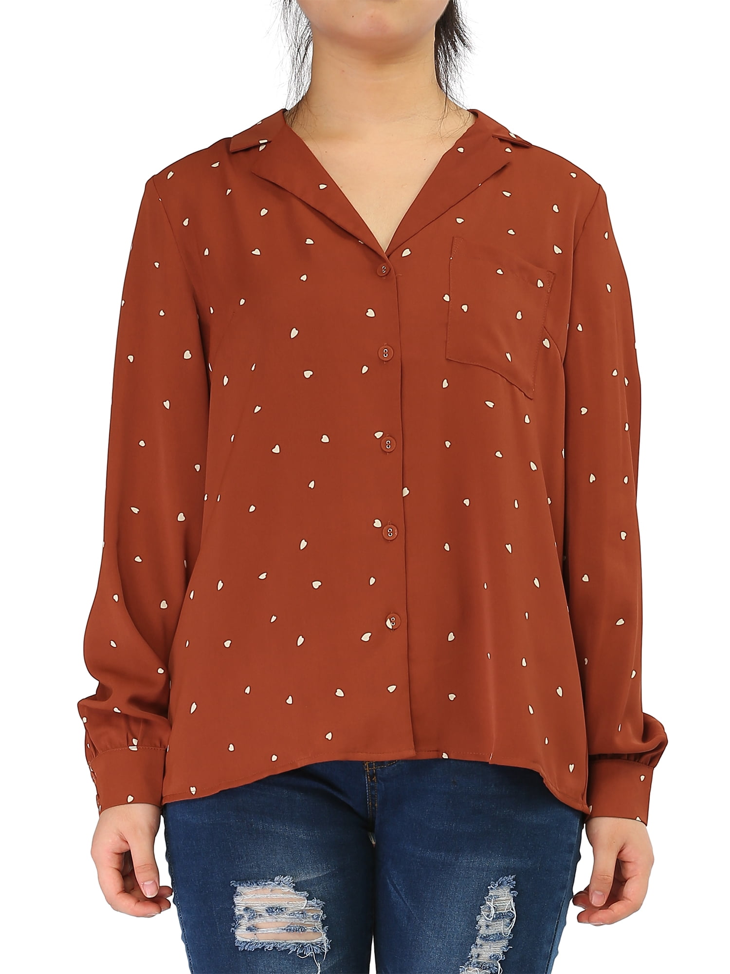 DARING DIVA Women's Notched Lapel V Neck Heart Polka Dots Shirt XS Brown Red