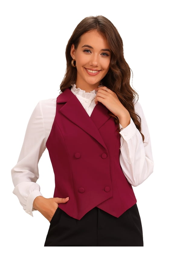 Women's Notched Lapel Waistcoat Vest Double Breasted L Burgundy