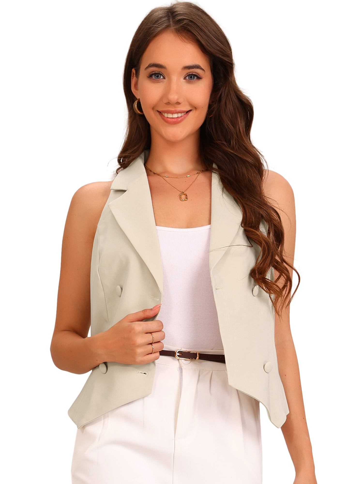 DARING DIVA Women's Notched Lapel Waistcoat Vest Double Breasted M Apricot