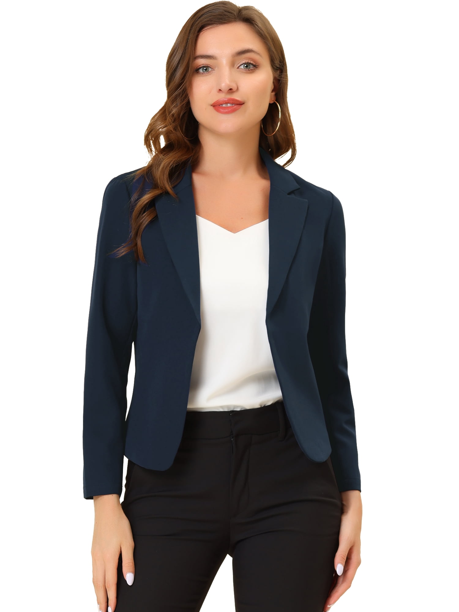 DARING DIVA Women's Notched Lapel Work Crop Blazer L Dark Blue-Solid