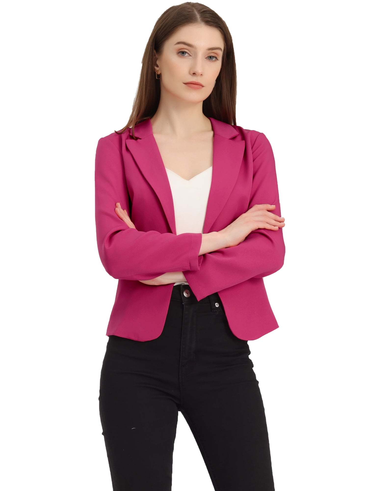 DARING DIVA Women's Notched Lapel Work Crop Blazer L Hot Pink-Solid