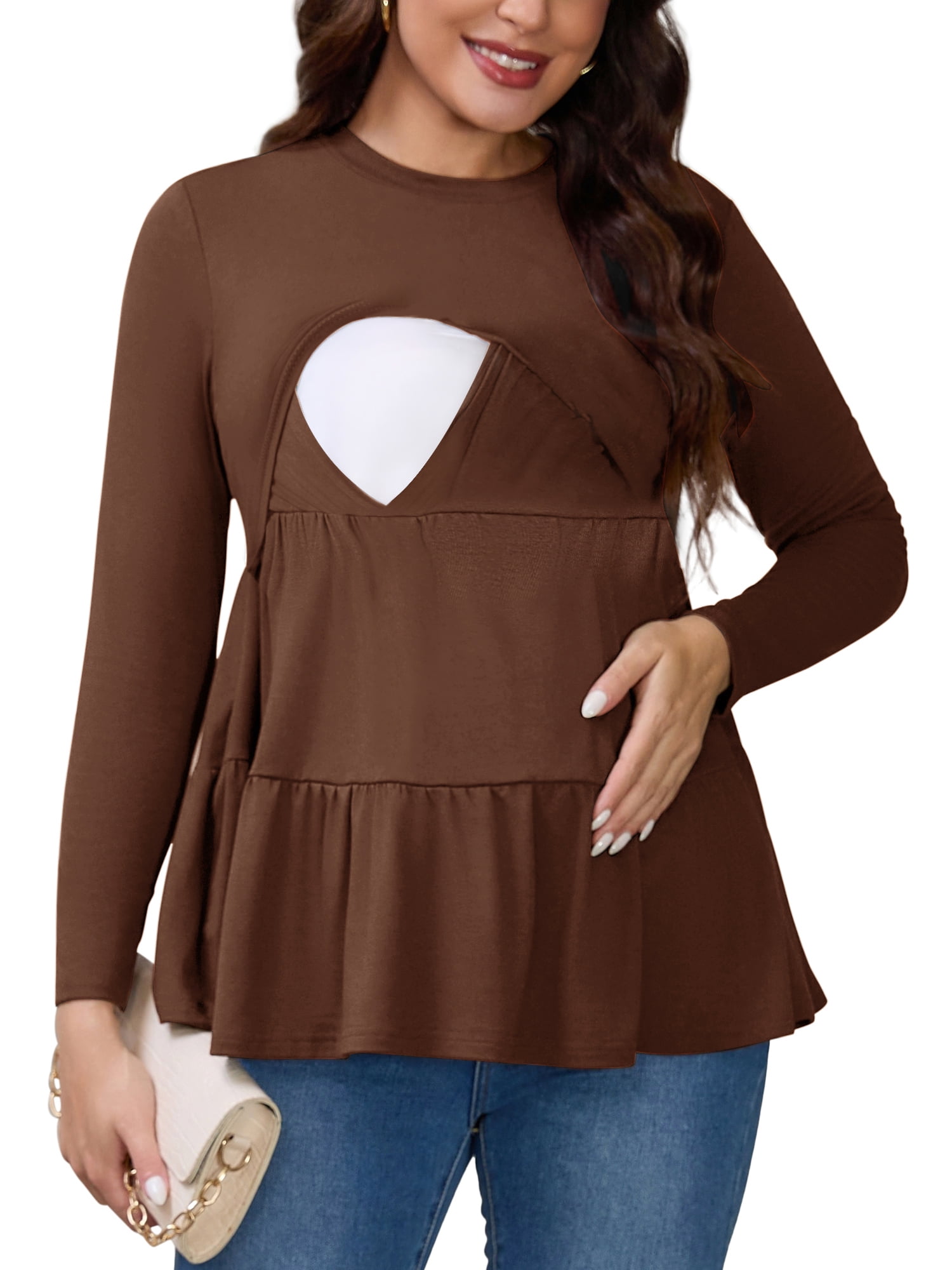 DARING DIVA Women's Nursing Breastfeeding Long Sleeve Tiered Pumping T-Shirts 2XL Brown