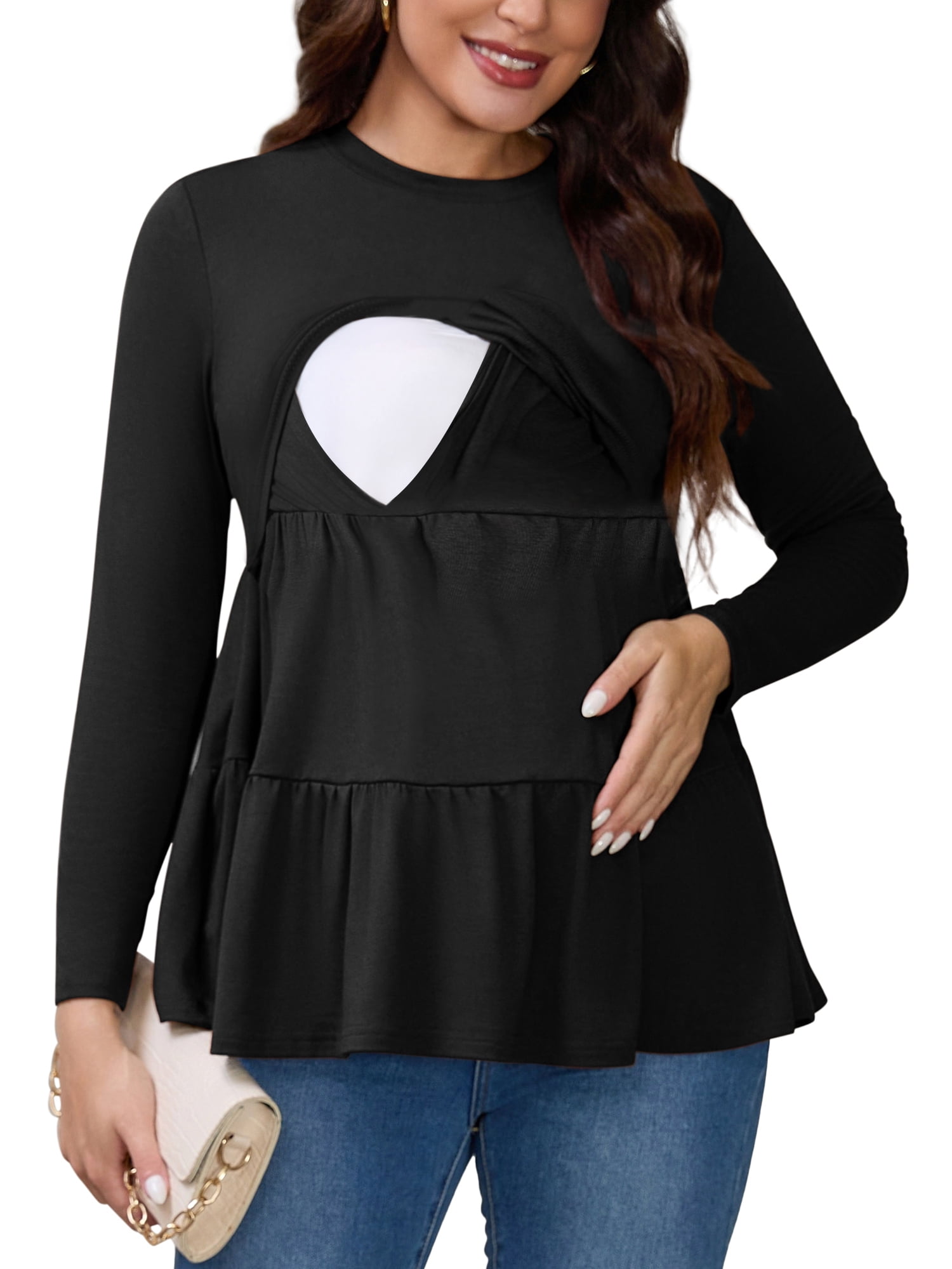 DARING DIVA Women's Nursing Breastfeeding Long Sleeve Tiered Pumping T-Shirts S Black