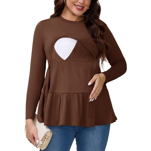 DARING DIVA Women's Nursing Breastfeeding Long Sleeve Tiered Pumping T-Shirts XL Brown