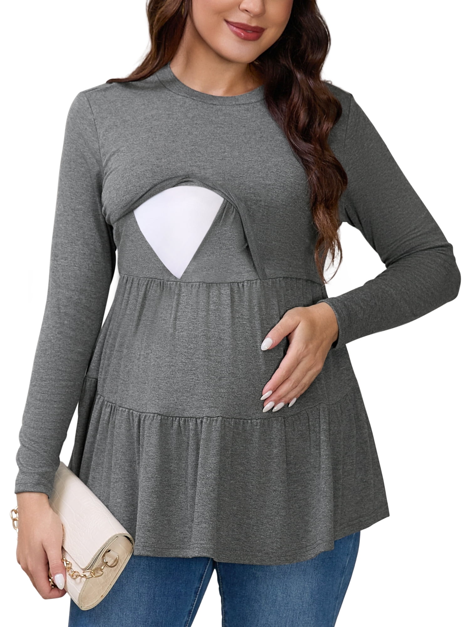 DARING DIVA Women's Nursing Breastfeeding Long Sleeve Tiered Pumping T-Shirts XL Gray