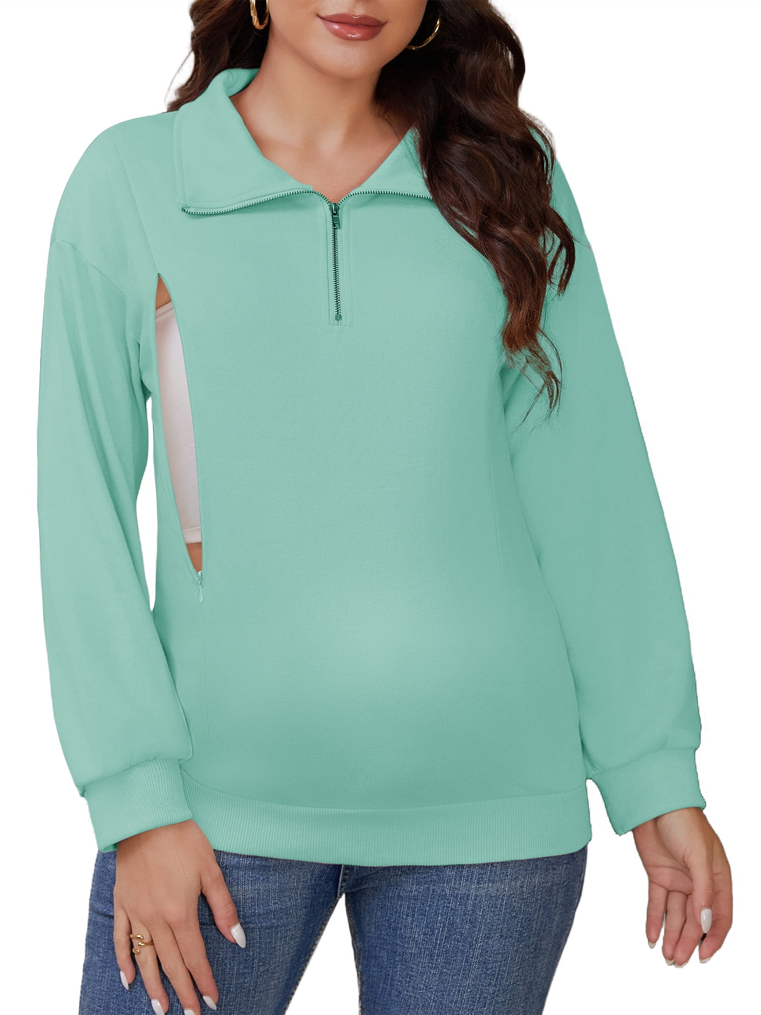 DARING DIVA Women's Nursing Hidden Zipper Long Sleeve Polo Shirt 2XL Green