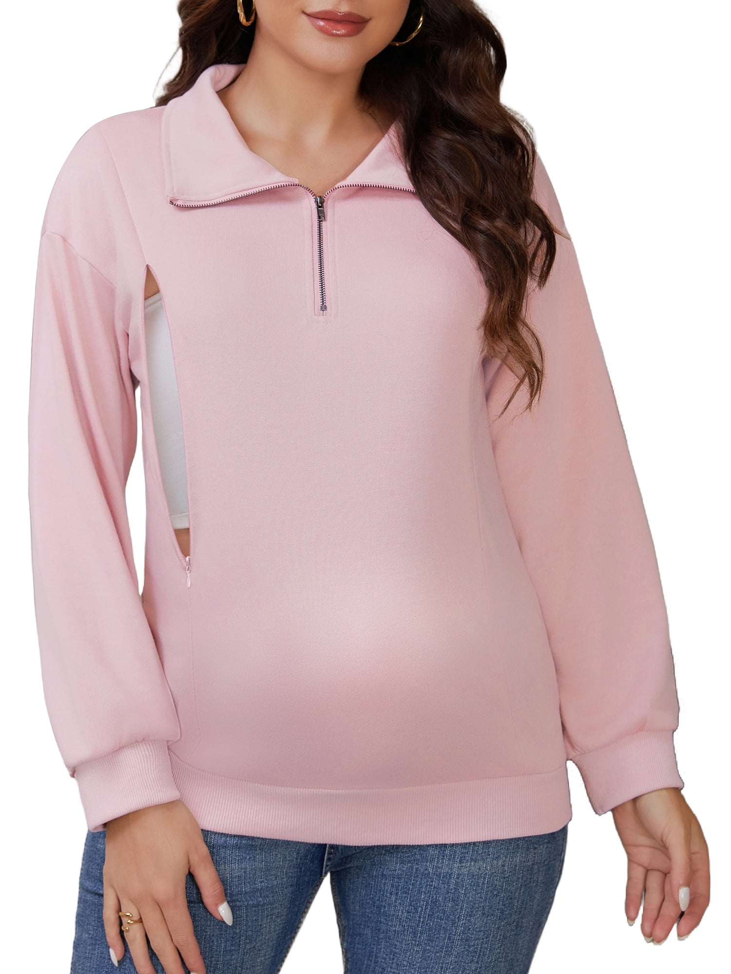 DARING DIVA Women's Nursing Hidden Zipper Long Sleeve Polo Shirt 2XL Pink