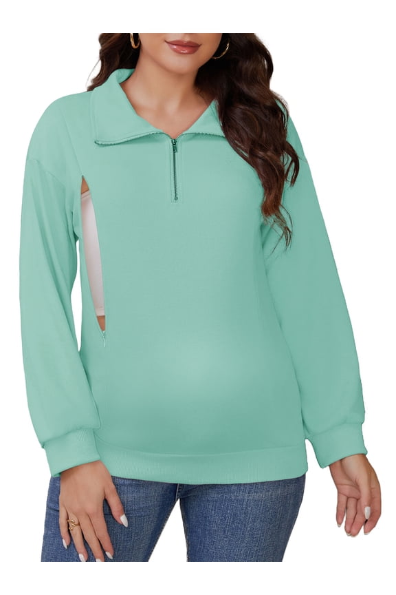 Women's Nursing Hidden Zipper Long Sleeve Polo Shirt L Green
