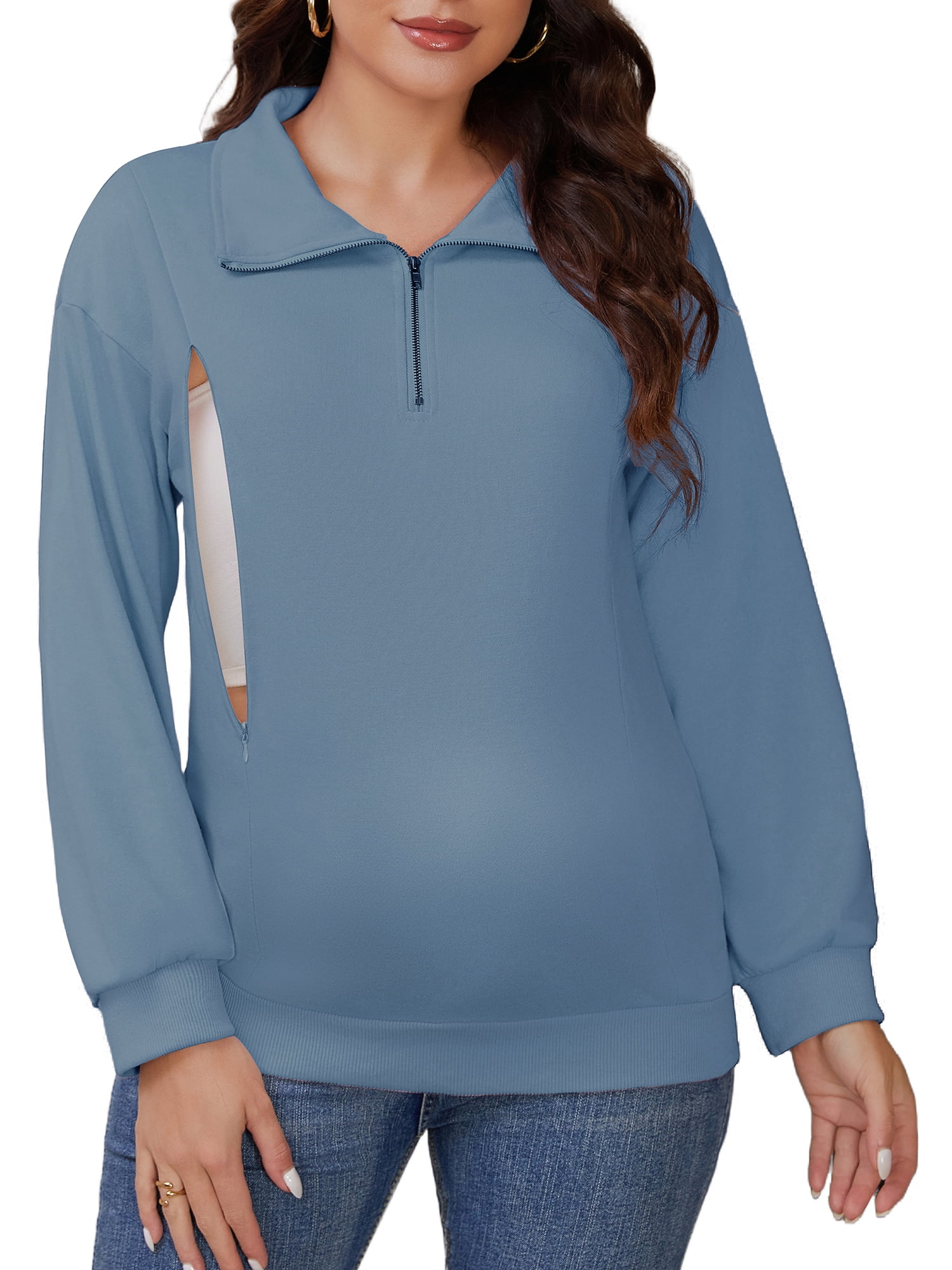 DARING DIVA Women's Nursing Hidden Zipper Long Sleeve Polo Shirt M Blue