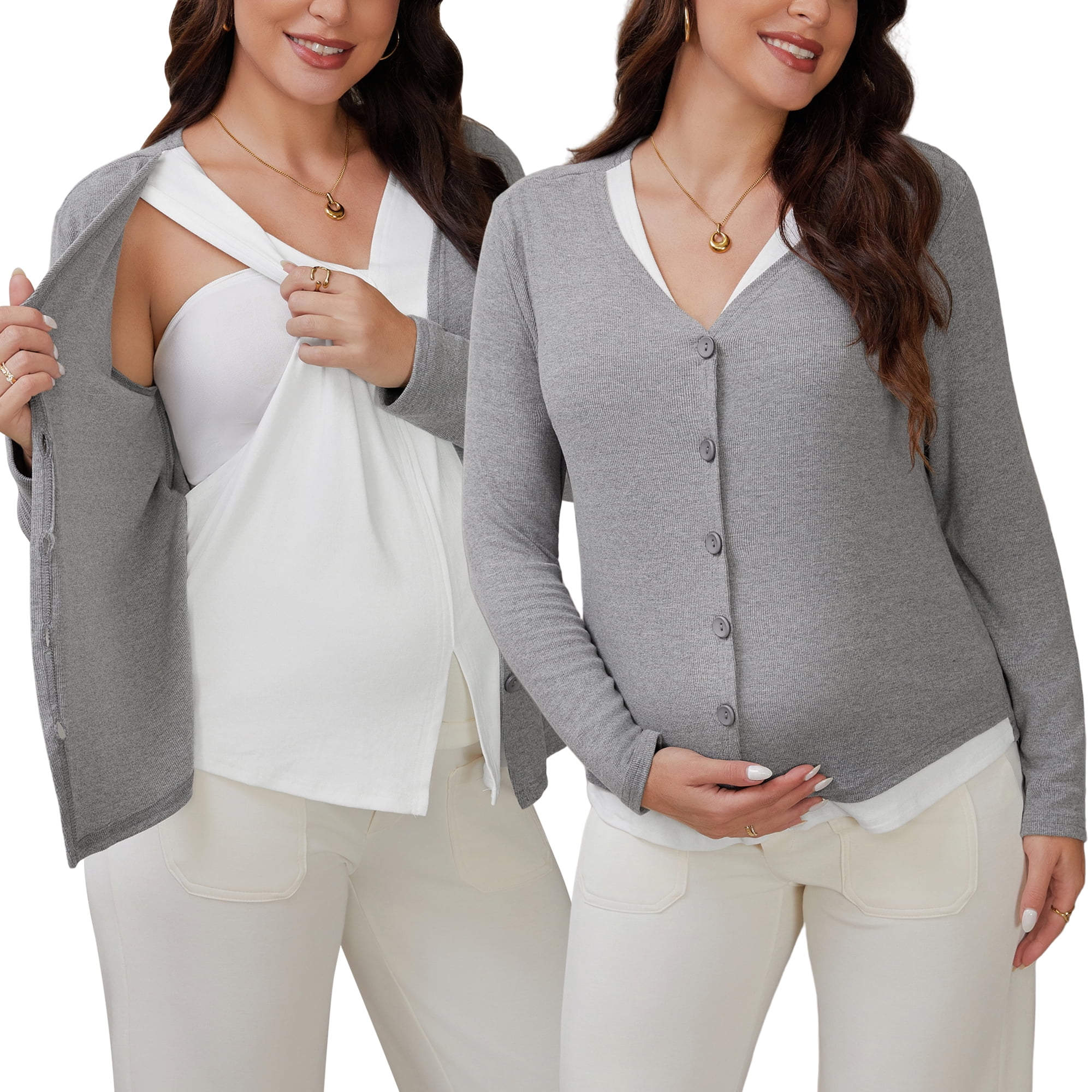DARING DIVA Women's Nursing Maternity Faux Knit Postpartum Shirt 2-Piece M Gray