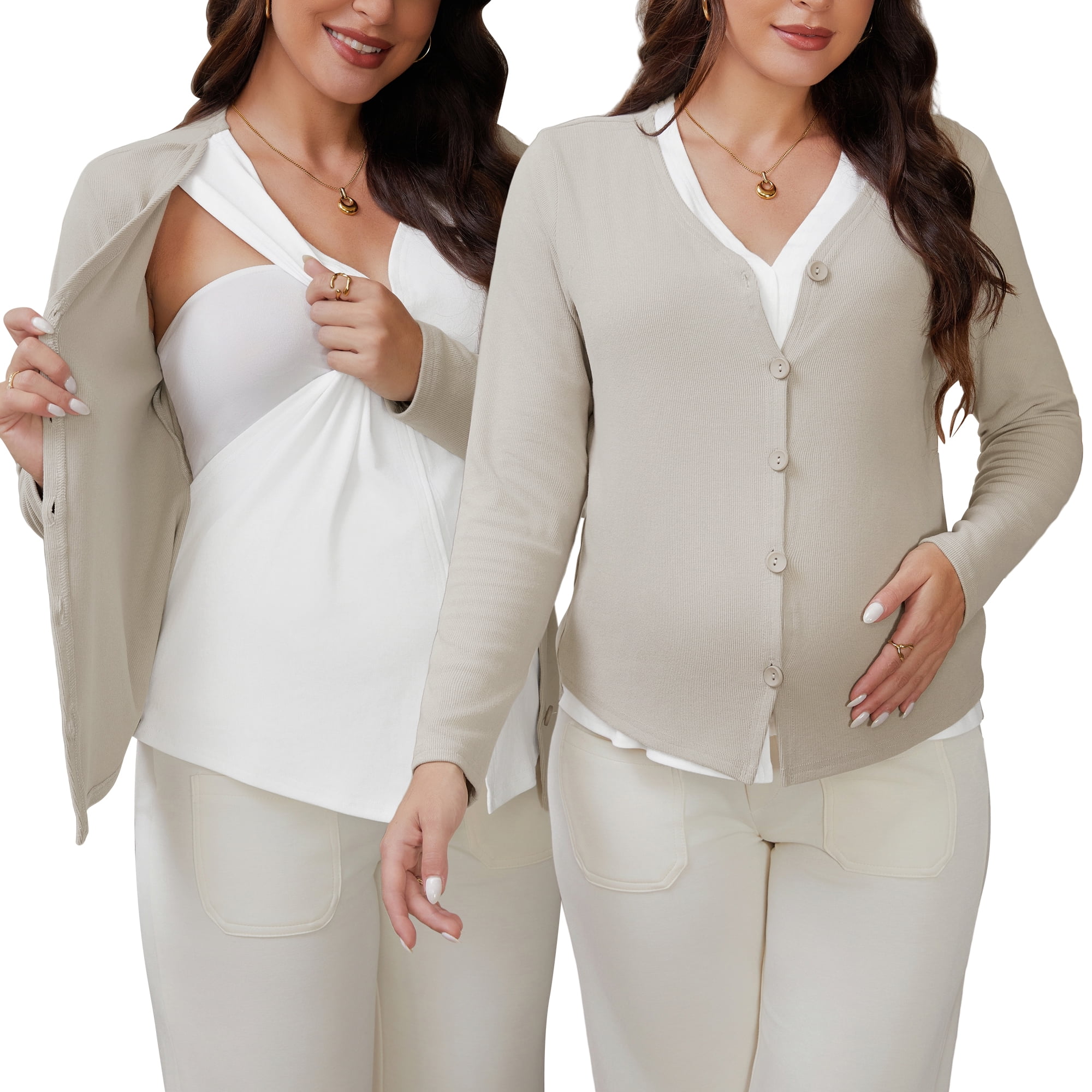 DARING DIVA Women's Nursing Maternity Faux Knit Postpartum Shirt 2-Piece M Khaki